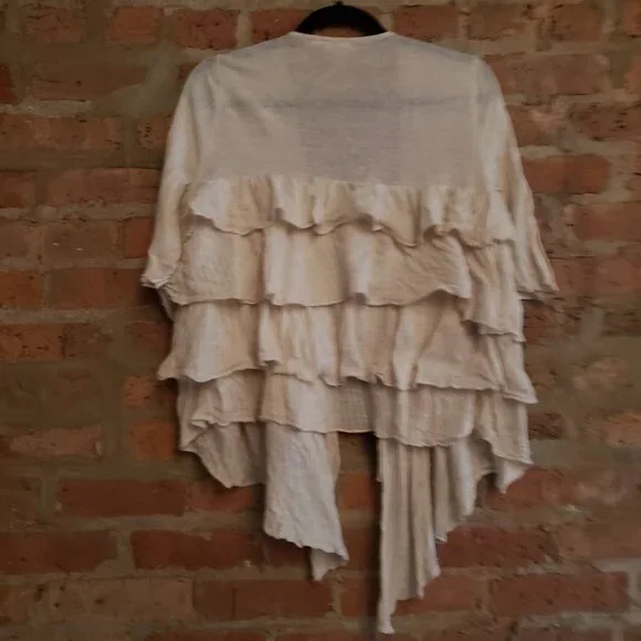 Anthropologie Moth Cream Tiered Ruffle Linen blend Cardigan - Picture 3 of 4